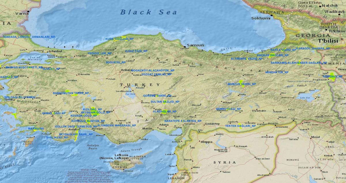carte de la Turquie parcs nationaux